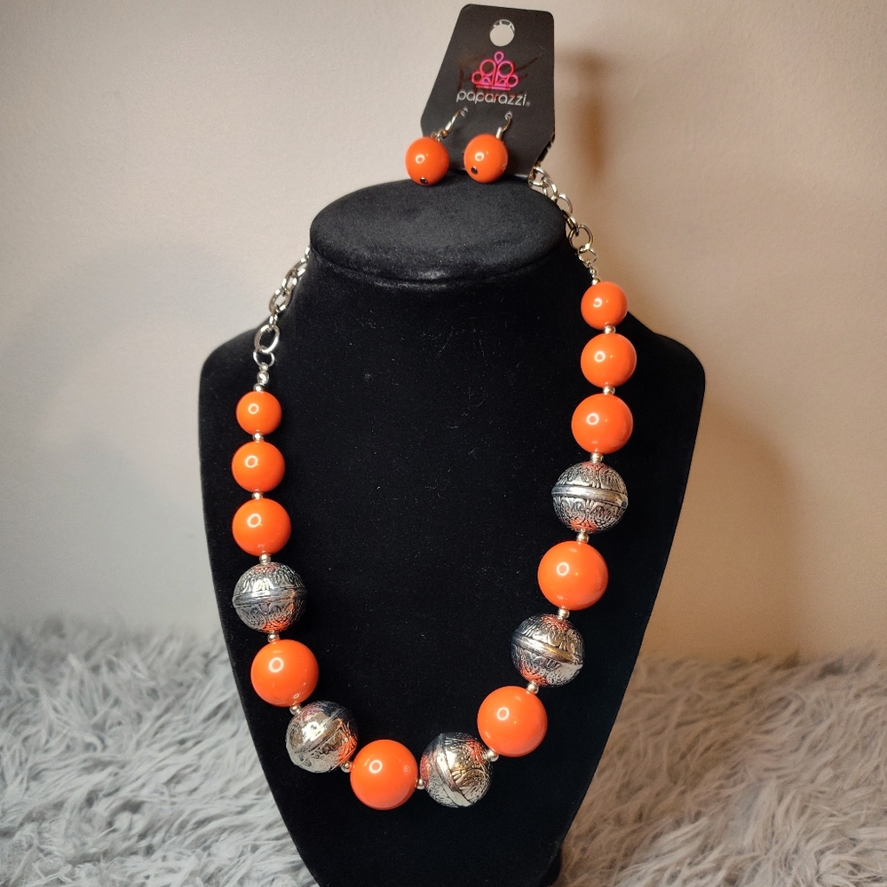 Orange and silver beaded paparazzi necklace and earrings set nwt
